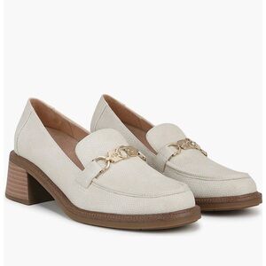 NWT Dr. Scholls 11M Cream 2” Flared Block Heel Loafers Horse Bit Gold Preppy